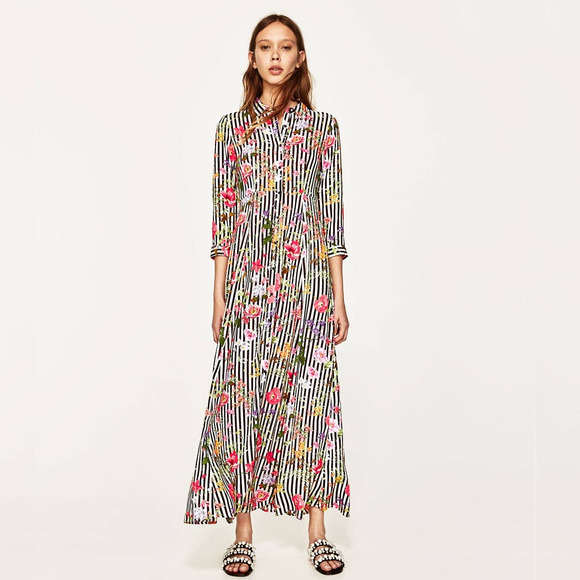 Zara Dresses & Skirts - ZARA Striped Floral Shirt Dress Large Ecru Black Pink 3/4 Sleeve Pockets #6954
